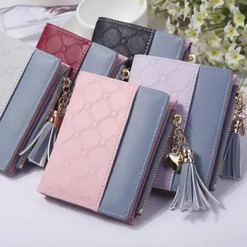 

Women Passport Cover ID Credit Business Cards Holder Tassels Zipper Button Short Wallet Purse Color Block Clutch Card Bag Case