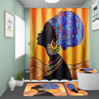 

NEW African Women Printed Shower Curtains Bathroom Curtain Fabric Toilet Cover Mat Non-Slip Rug Set With Hanging Ring