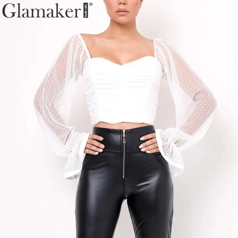 Glamaker, прозрачная сетчатая офисная блузка в горошек, женская рубашка, с рюшами, из кусков, черный топ, весна-лето, сексуальные, элегантные, вечерние, женская рубашка