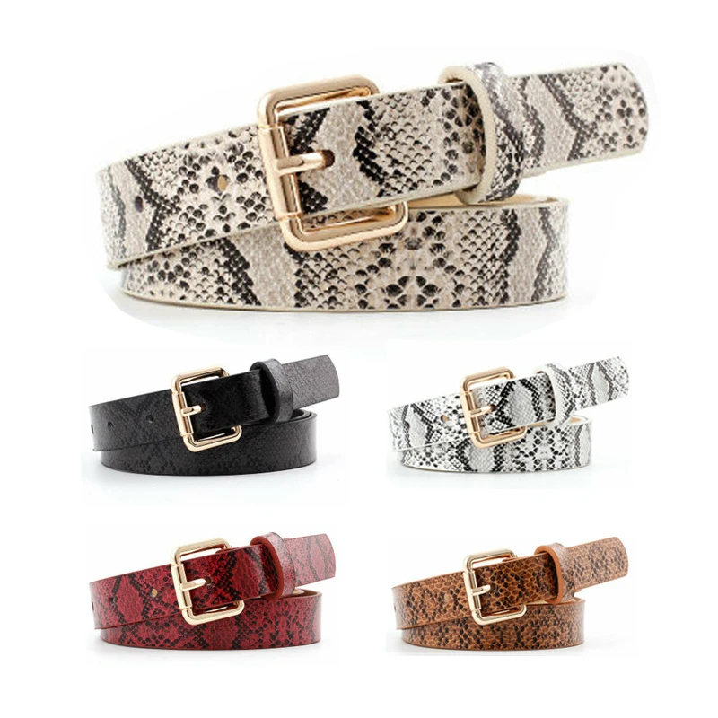 Women's Faux Leather Belt Snake Skin Printed Belts For Women Fashion Casual Gold Metal Square Pin Buckle Waistband leather waist belt