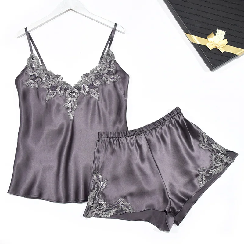 بيجامة حريرية صيفية من الحرير للسيدات سراويل قصيرة فائقة مكونة من قطعتين بدلة مثيرة من الدانتيل خدمة منزلية مقسمة