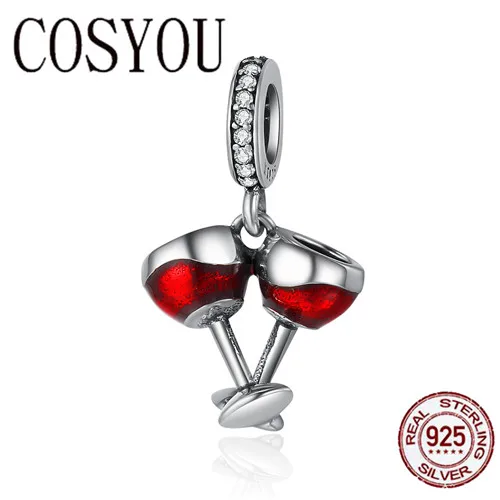 

COSYOU Valentine Day Gift 925 Sterling Silver Cheers for Love Couple Beer Pendant Charm Fit Charm Bracelet DIY Jewelry SCC478