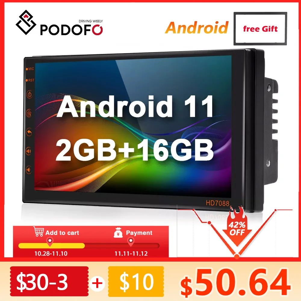 Автомагнитола Podofo универсальная стерео-система на Android 11 с GPS 7 &quotэкраном для