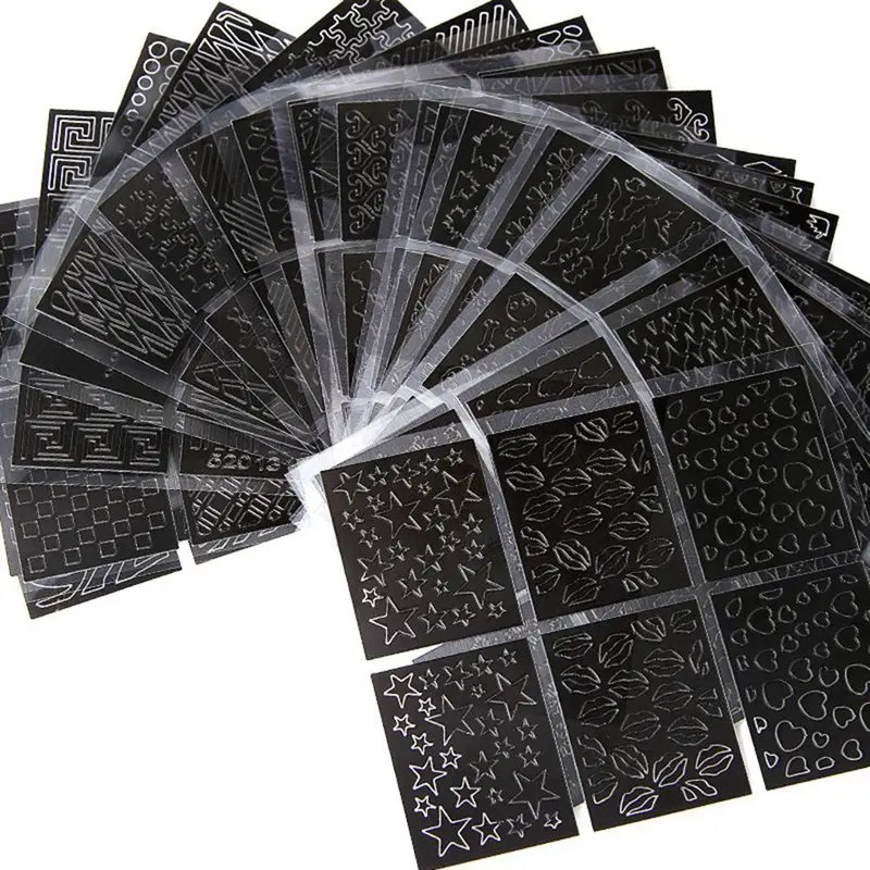 Hot 24pcs Design Black Laser Hollow Nail Art Sticker Adesivi Unghie Decals Decoration DIY Polish Glitter UV Gel Acrylic Nail Tip