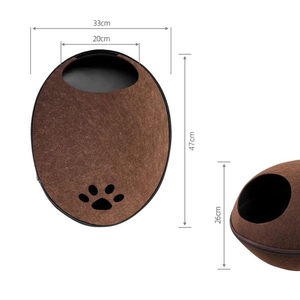 Detachable Cat Bed With Cushion Natural Felt Pet Cave Zipper Breathable