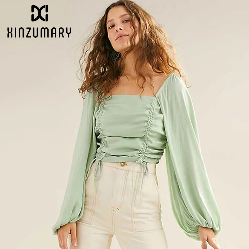 

Women Solid Color Square Collar Drawstring Smocking Shirts Blouse Female Casual Strappy Lantern Sleeve Shirt Lady Shirred Blouse