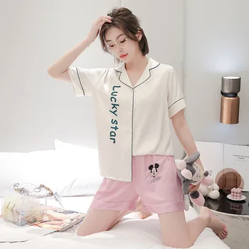 

Summer Women's Pajamas Two Cute Short Sleeved Shorts Suit Lapel Leisure Tops Silk-like Fashion Pajamas