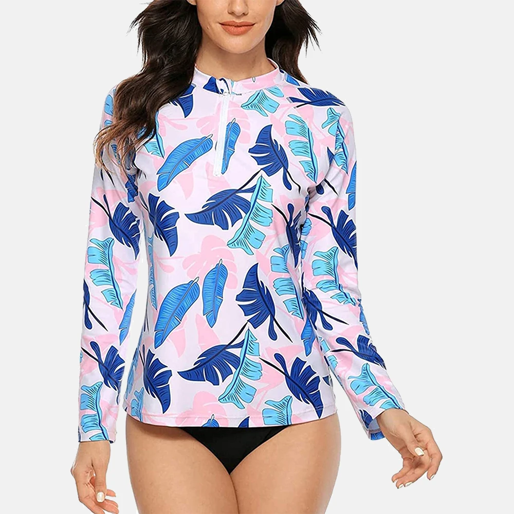 Charmleaks Women's Rashguard Top Long Sleeves Zip Front Swim Shirt Sun Protection UPF 50+ Floral Print