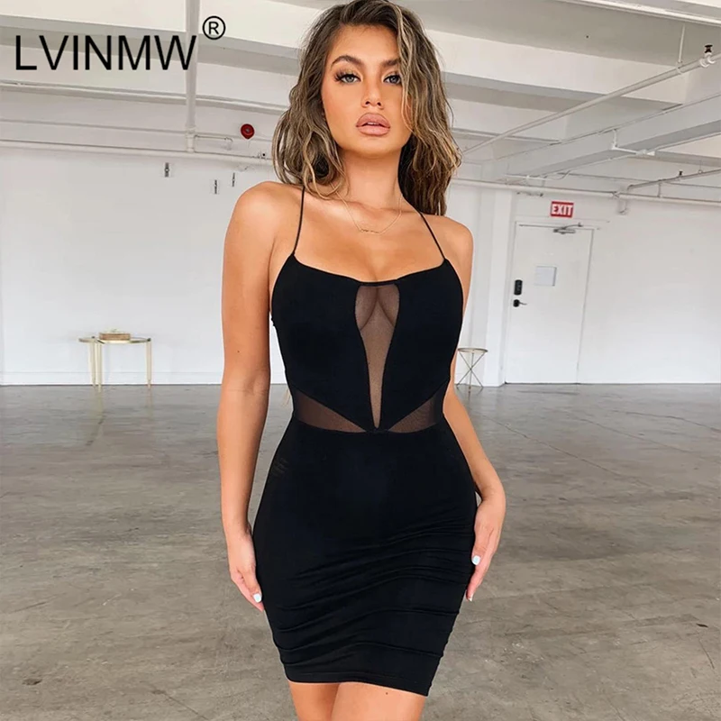 

LVINMW Sexy Back Lace Up Cross Mesh Patchwork Hollow Out Dress Autumn Women Black Backless Skinny Mini Dresses Female Party Club