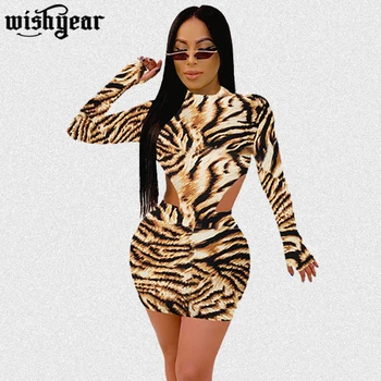 

Wishyear 2020 Leopard Print Women Two Piece Set Skirt Mock Neck Cut-out Bodysuit Top+ Bodycon Mini Skirt Sexy Night Club Outfits