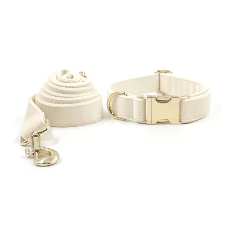 Cream Velvet Pet Collar pet harness leash set pet harness set for Small Medium Large Dogs Thicken Soft Padded Dog Harness Personalized Gold Buckles Luxury Harness Set