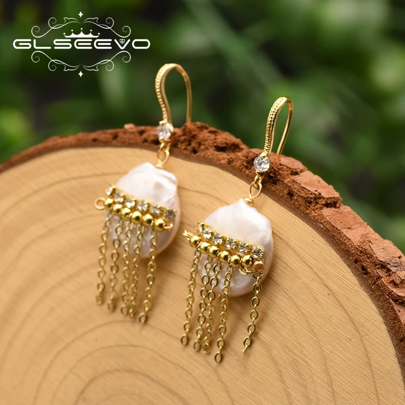 Женские длинные серьги кисточки GLSEEVO корейские с натуральным барочным жемчугом