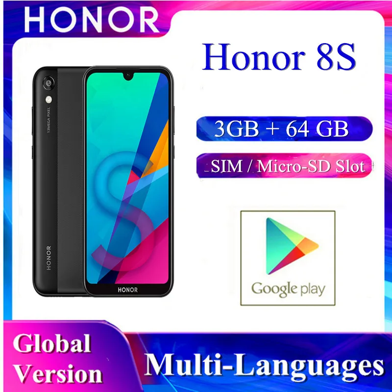 Huawei Brand Original Honor 8S Global Version Smartphone Quad Core 3G+64G FullView Dewdrop Display Micro-SD Slot Mobile Phone