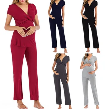

Women Maternity Pregnant Set Short Sleeve Solid Nursing Baby T-shirt Tops And Long Pants Pajamas Set Casual Nightwear Clothing