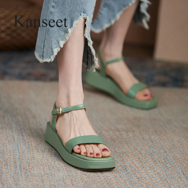 

Kanseet Sandals Shoes Women 2021 Summer Flat Platform Sandals Genuine Leather Sandals Square Toe Casual Ladies Footwear Green