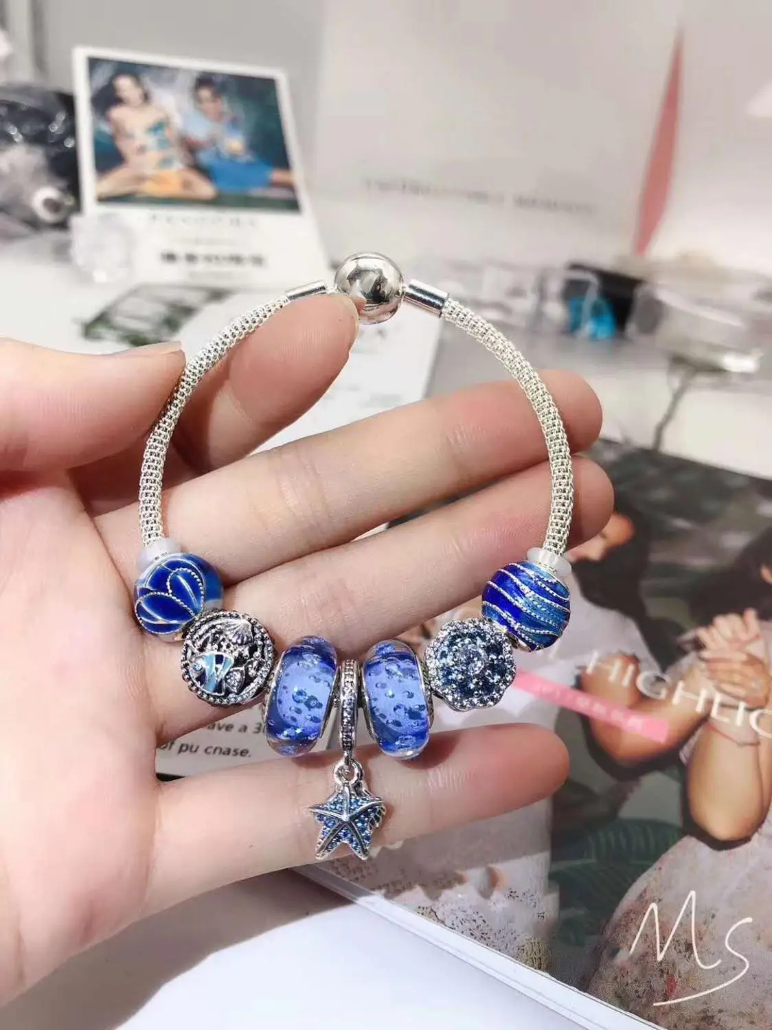 

Kristie Shop Original 1:1 100% 925 Pure Silver Blue Sea Starfish Pattern Bracelet Gift First Choice Free Of Charge