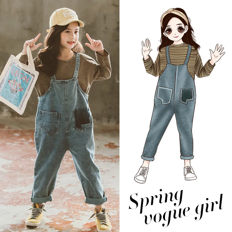 

Korean-style Big Virgin Girls Spring And Autumn Stripes Shoulder Strap Jeans Set Little Girl Western Style Clothes Fashion-Style