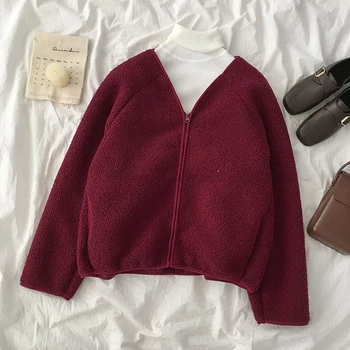 

Autumn Lamb Wool Coat Female Casual V-neck Long Sleeve Zipper Fly Red White Loose Oversize Jacket Female Korean Harajuku Tops