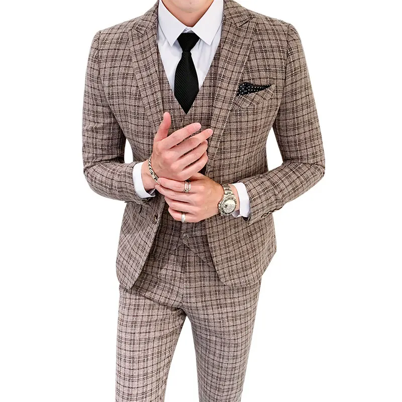 Классический Клетчатый полосатый костюм для мужчин комплект из 3 предметов Slim Fit мужской свадебный костюм Азиатский Размер s m l XXL XXXL 4XL 5XL мужские костюмы высокого качества