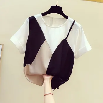 

false two pieces patchwork women t-shirts 2020 summer new o-neck short-sleeved loose casual lady pulls tops tees