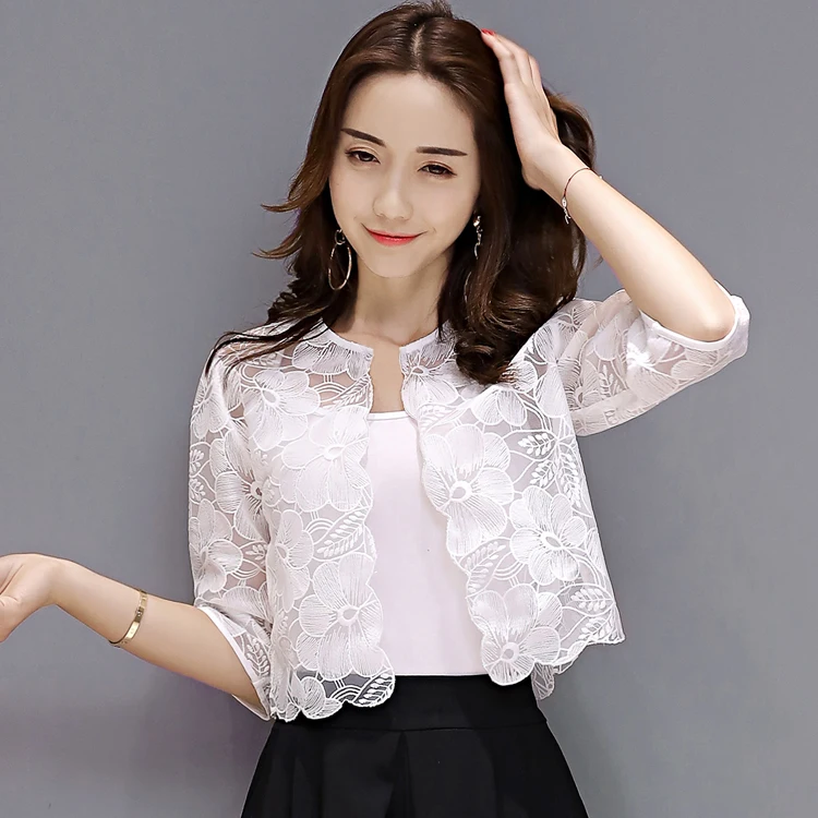 

New Arrival ladies Floral Fashion lace white black red blue Women Shawl short coat half sleeve Sun protection Solid Cardigan