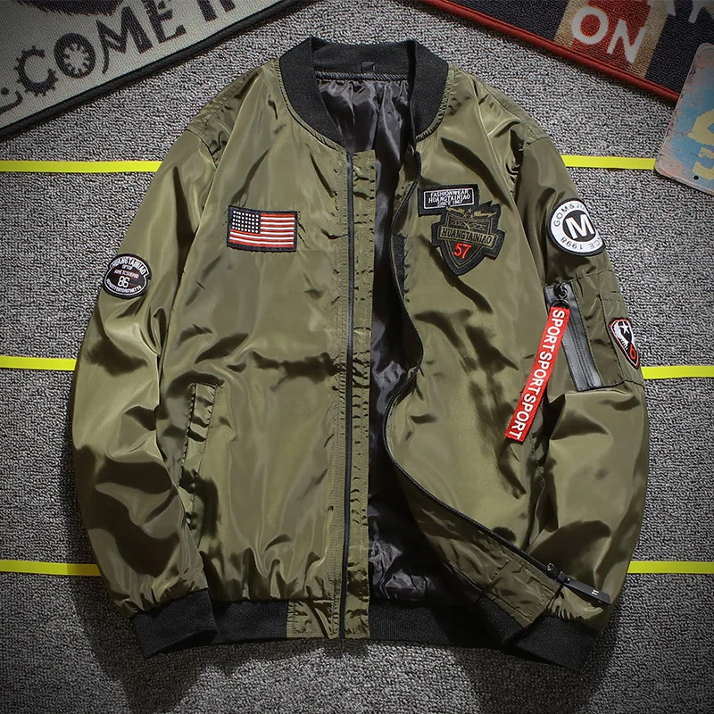 Army Green Pilot Jacket Men Fashion Embroidery Patch Designer Pilot Jacket Ribbon Zipper Pocket Baseball Uniform Men's Jacket Army Green Pilot Jacket Men Fashion Embroidery Patch Designer Pilot Jacket Ribbon Zipper Pocket Baseball Uniform Men's Jacket