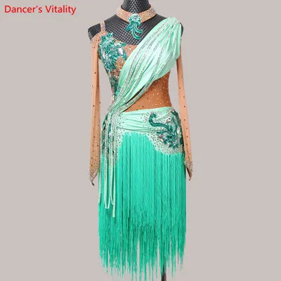 Only Dress as Photo Женская одежда для латинских танцев, костюм для гоночных выступлений с длинным рукавом, платье с кисточками, профессиональная одежда для танго и самбы - Цвет: Only Dress as Photo