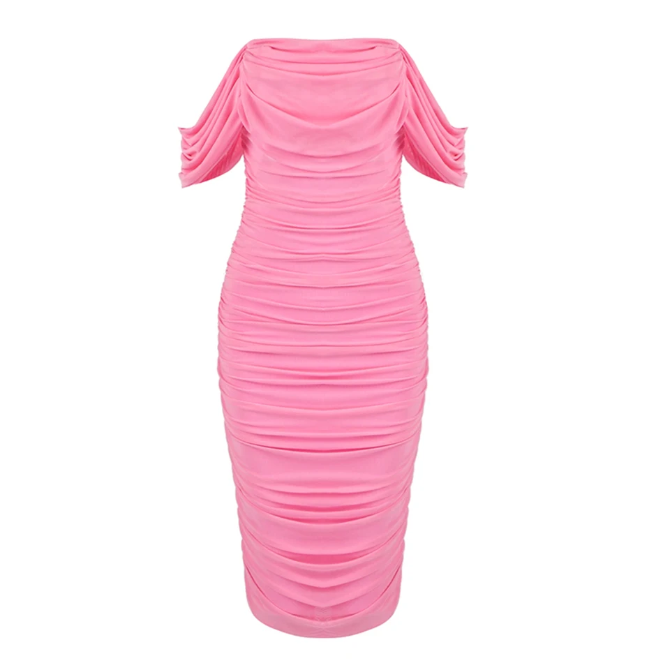 Latest Summer Elegant Red Wine Beige Pleated Strapless Strapless Bandage Dress Female Celebrity Party Tight Dress Vestidos - Цвет: Розовый