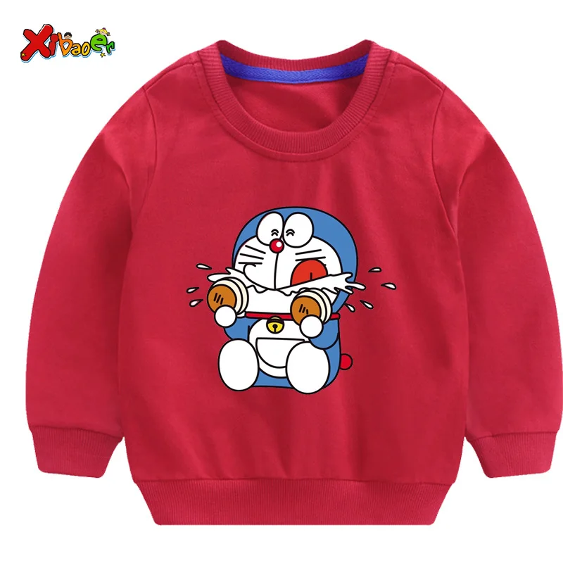 Doraemon/толстовки с капюшоном; детская хлопковая одежда для маленьких девочек; сезон весна-осень; детские топы с капюшоном; свитер с длинными рукавами для мальчиков - Цвет: sweatshirt red