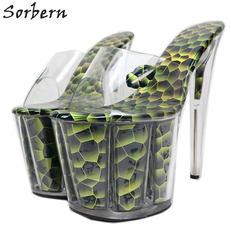 Sorbern прозрачный ПВХ женские тапочки открытый шлепанцы Дамы 20 см очень высокие каблуки Прозрачный каблук на платформе с открытым носком пластик - Цвет: Зеленый