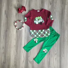 Одежда для маленьких девочек, зимняя одежда для девочек, винно-Красная футболка с зелеными штанами, эксклюзивная Одежда для девочек с аксессуарами