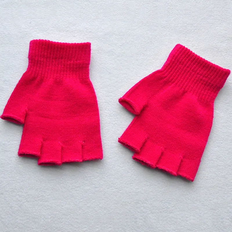 Женские и мужские перчатки без пальцев, одноцветные вязаные варежки на полпальца, зимние мягкие теплые Универсальные Базовые Женские перчатки Guantes - Цвет: Розово-красный