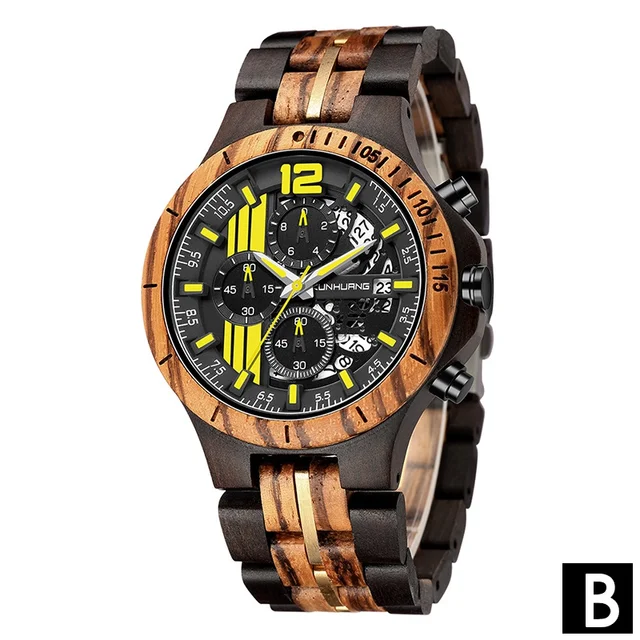 KUNHUANG Sport Top Brand Men's Watches Wooden&Steel Band Luxury Quartz Wood Wristwatches B