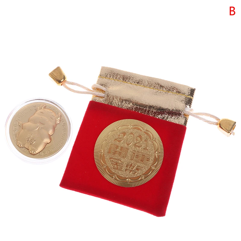 5 Pieces 2021 Year of Ox Commemorative Coins Chinese Zodiac Souvenir Coins with Red Chinese Coins Bags Feng Shui Decorations Supplies Craft Accessories for New Year 