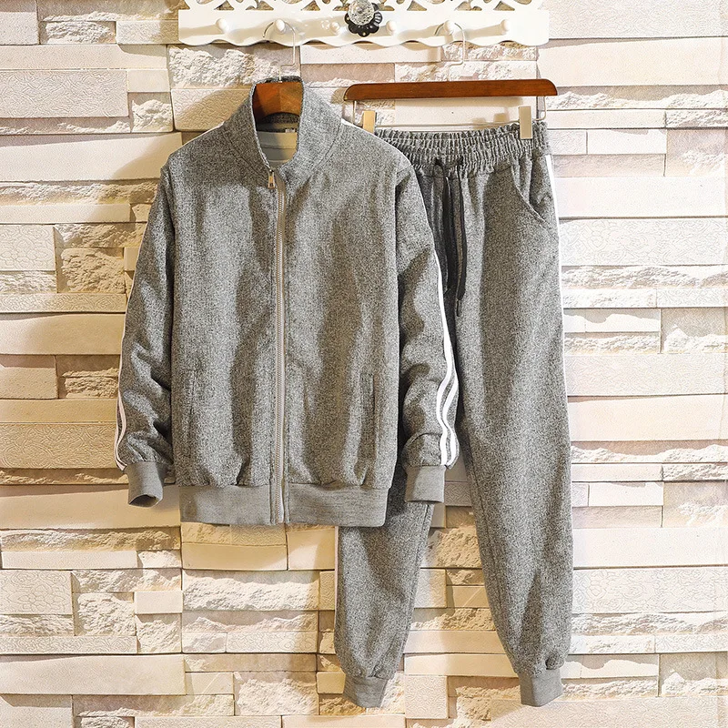 

2019 Spring Clothing Men's Korean-style Cardigan Teenager Hoodie Suit Solid Color Two Bars Decoration Sports Fashion Set