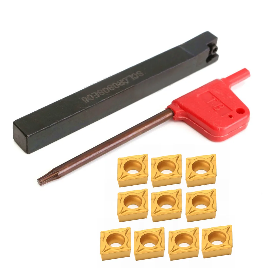 10pcs CCMT060204-HM Carbide Inserts + 1pc SCLCR0808F06 Lathe Turning Tool Holder 80mm Boring Bar with Wrench