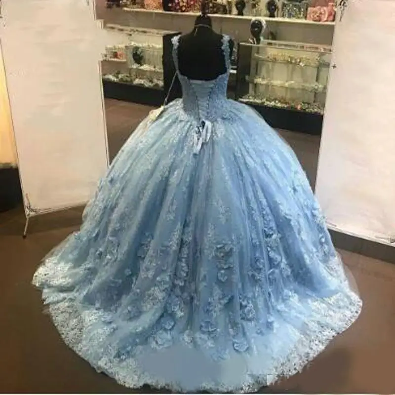 Vintage Light Blue 3D Floral Flowers Cheap 2021 Quinceanera Prom dresses with Sleeves Off Shoulder Lace Long Formal Party Sweet 16 Dress