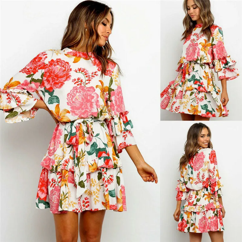2020 Fashion Trend Women Flower Print Ruffle Wrap Loose Dress Ladies Party Bandage Long Sleeve Mini Dress Summer Beach Vestitos