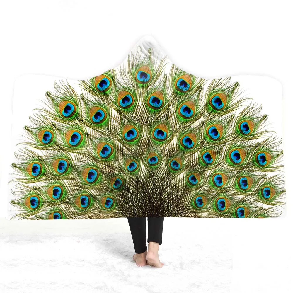 

3D peacock Hooded Blanket Sherpa Fleece Wearable plush Throw Blanket on Bed Sofa Thick warm B169