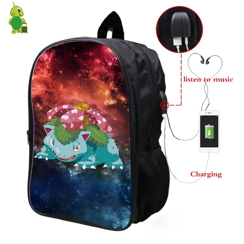 Pokemon Venusaur Galaxy Космический рюкзак Многофункциональный USB зарядка Разъем для наушников школьная сумка для подростков мальчиков рюкзак для девочек с отделением для ноутбука