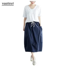 Женская однотонная хлопковая Повседневная тонкая юбка до середины икры с эластичной резинкой на талии