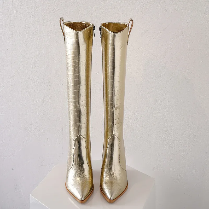MORAZORA/ г.; Новое поступление; модные зимние сапоги до колена; женские ковбойские сапоги на высоком толстом каблуке с острым носком; большие размеры 34-46