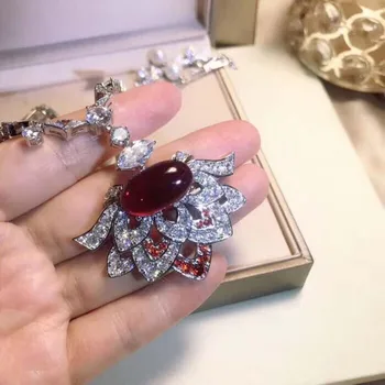 

New Fashion Women's big ruby color cubic zircon and pearl Geometric flower necklaces Ladies silver color party Fine Jewellery