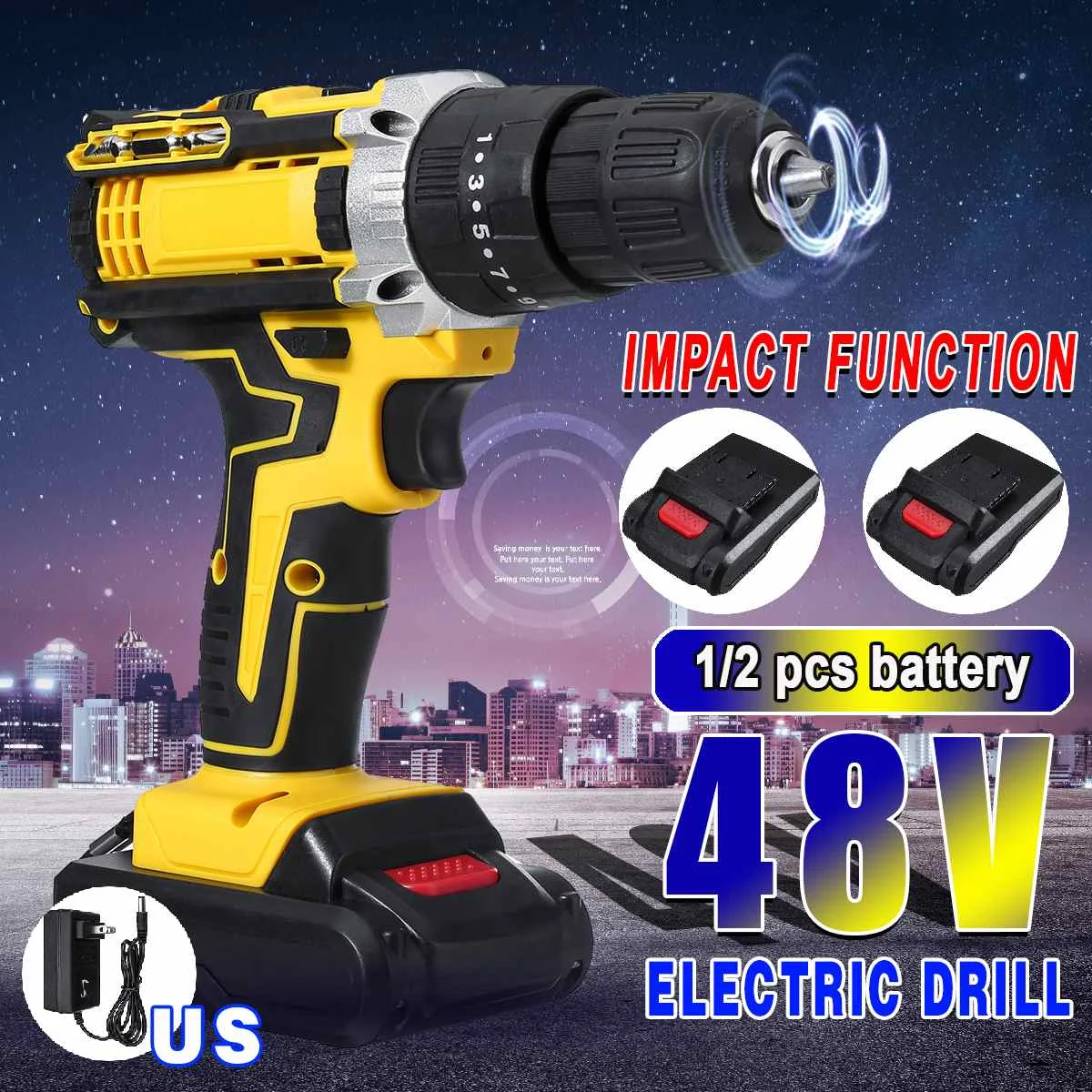 

3 In 1 Cordless Electric Impact Drill Screwdriver 48v 2 Speed Driver Rechargeable 13000mah With 2 Li-ion Battery