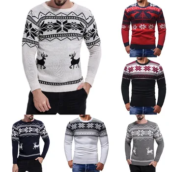 

2019 Men O Neck christmas pullover Tops Male black white christmas sweater men xmas Long Sleeve Print Christmas Deer Sweater