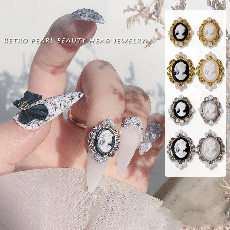 

5 Pcs Retro Nail Art Decorations Diamond Baroque Style Classic Beauty Head Luxury Nail Jewelry DIY Nail Accessories Gold&Silver