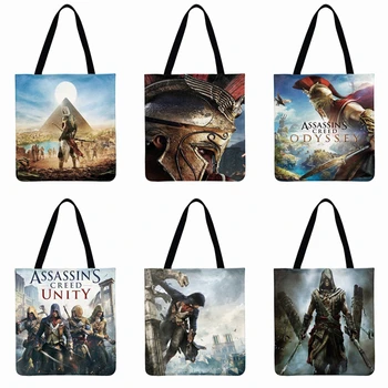 

Assassin Creed Printed Tote Bag Women Shoulder Bag Linen Febric Casual Tote Foldable Shopping Bag Reusable Beach Bag