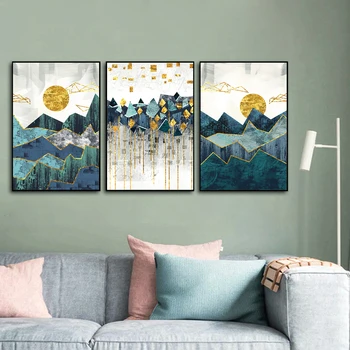 

Nordic Abstract Geometric Mountain Landscape Wall Art Canvas Painting Sunrise Scene Picture Poster for Living Room Interior Home