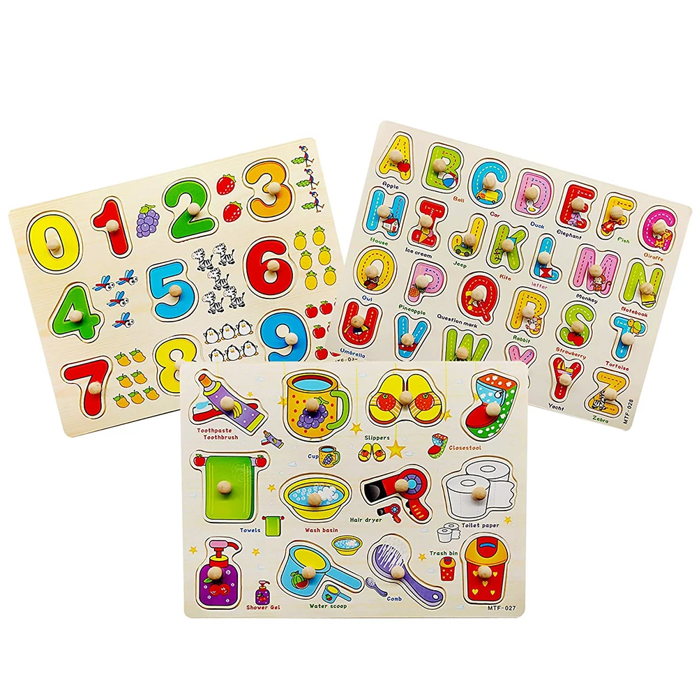 

Kids Wooden Peg Puzzles Numbers Alphabet And Objects Sorter Sorting Puzzle Educational Knob Puzzles Playset Toys #30