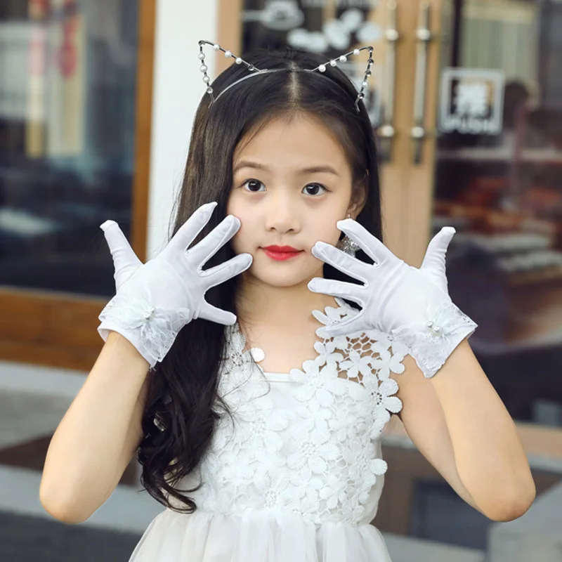 Kids Girls Solid Color Bow Knot Stretchy Stage Wedding Party Princess Gloves CONSTR Flower Girl Gloves 